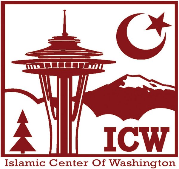 Islamic Center of Washington logo: the Space Needle, a crescent and star, and Mount Rainier in red line art
